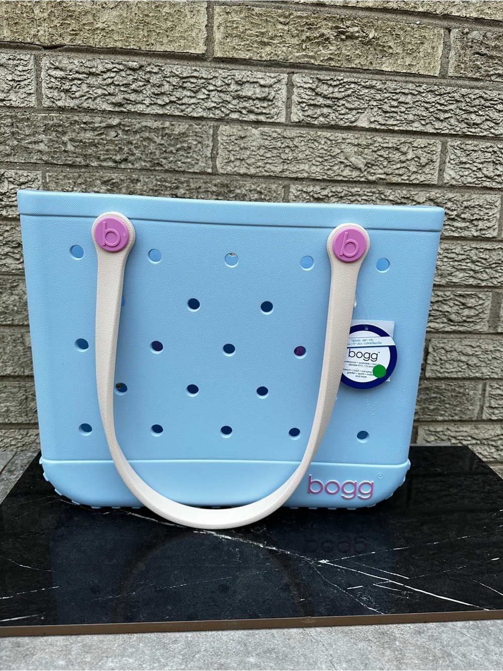 BOGG BAG Light Blue Tote with Pink Accents and Cream Straps
